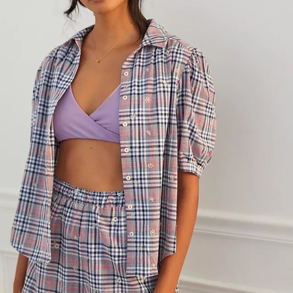 NWT Anthropologie Puff Sleeve Plaid Short Sleeve Top XS